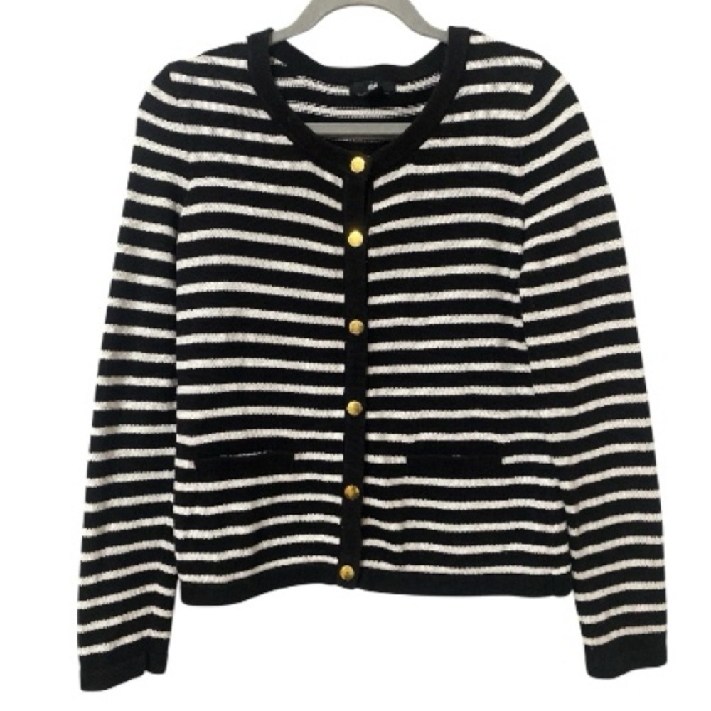 H&M Black and White Striped Gold Button Cardigan Sweater